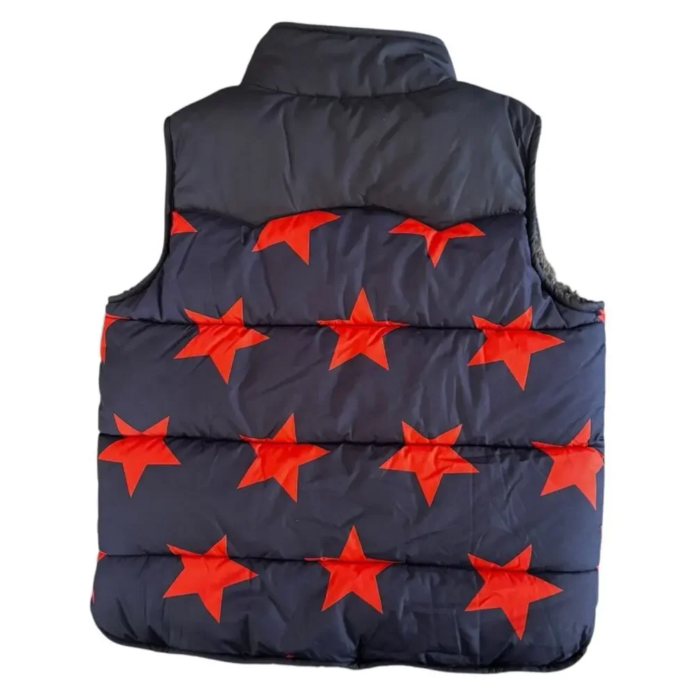 Mini Boden Kid’s Puffer Vest Sherpa Lined Stars Gray Orange Size 5-6